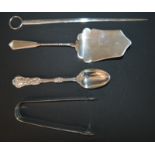 Silver meat skewer J B Chatterley & Sons, Birmingham 1928, pair of silver sugar bows London 1831,