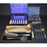 Selection of silver plate including cased set of teaspoons / sugar tongs, fish knives & forks, Art