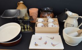 Selection of kitchenalia including pestle & mortar, tagine, set of pheasant mugs, scales & brass