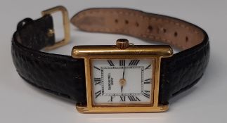 Ladies 18k gold plated Raymond Weil Geneve tank quartz wristwatch on black leather strap, no. 5766/2