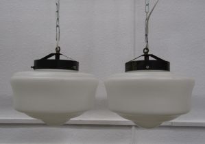 Pair of vintage school house / chapel opaline 12" diameter pendant lights