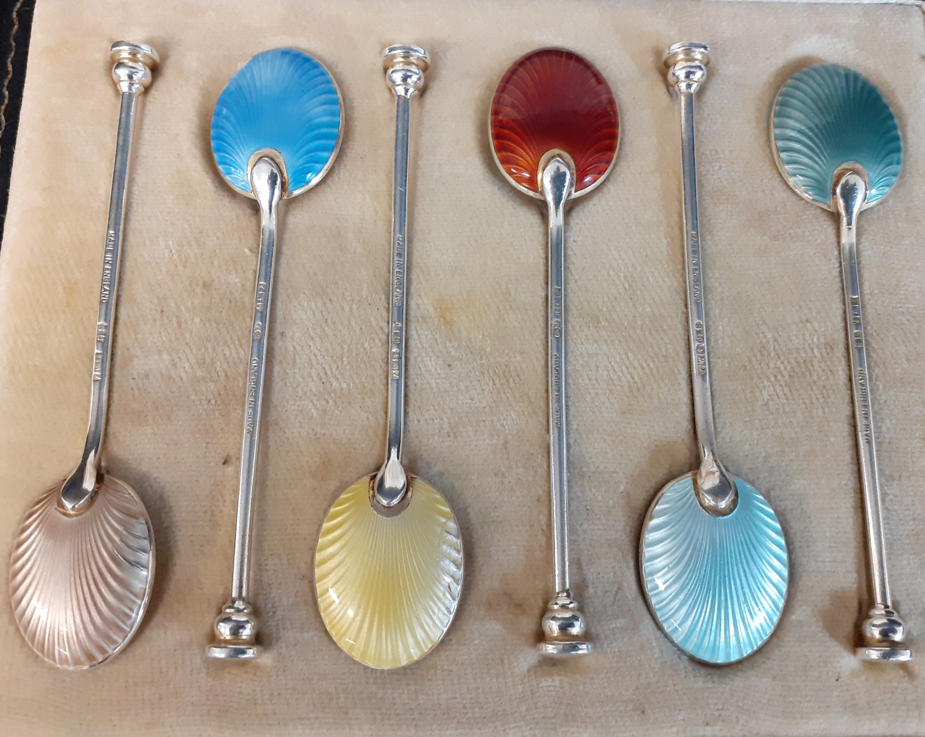 Cased set of 6 silver & enamel coffee spoons, William Suckling Ltd, Birmingham 1958, 2.04ozt, - Image 2 of 3