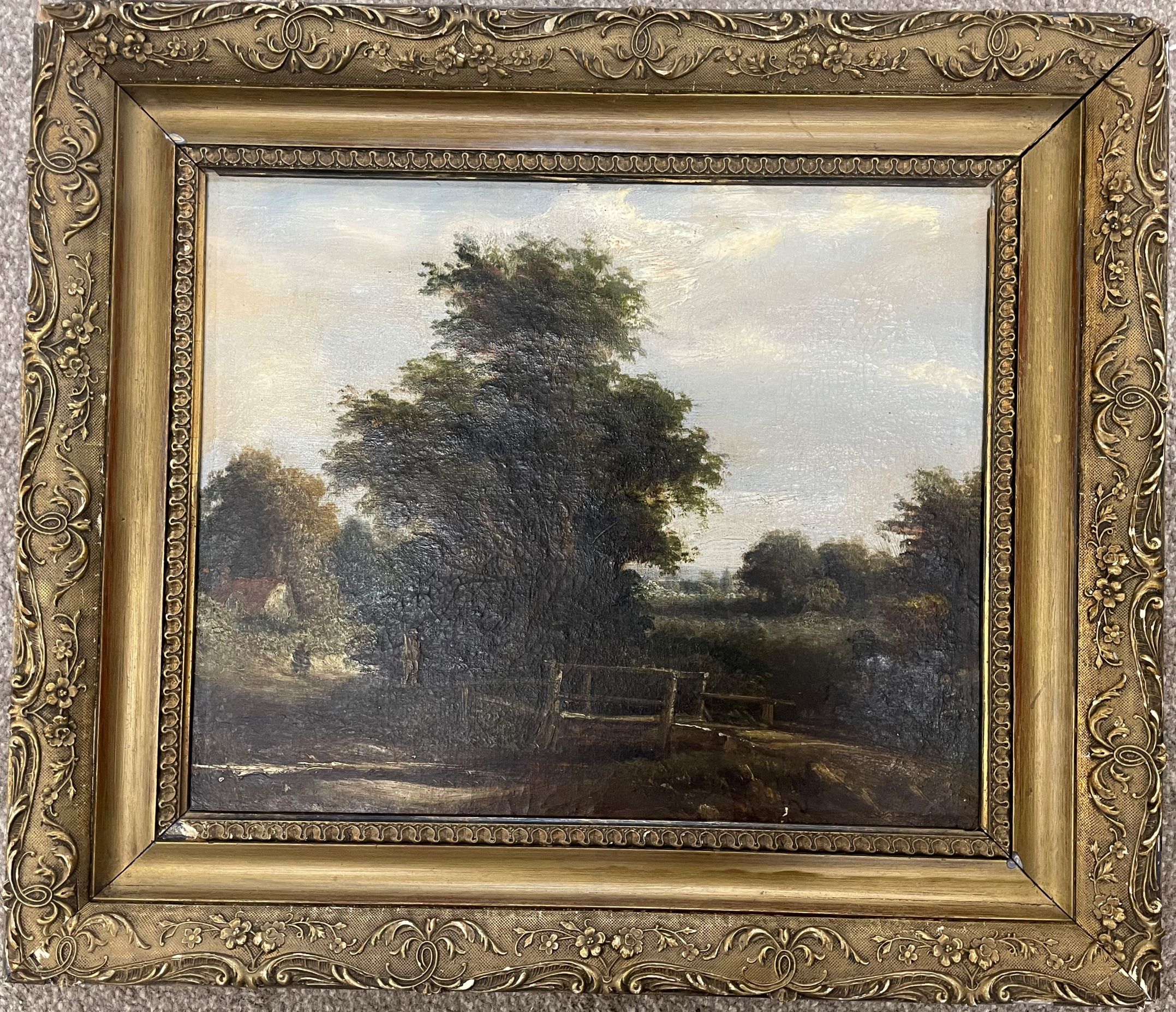 19th century oil on canvas landscape with a bridge in the foreground.  Frame size 58cm by 50cm - Image 2 of 2