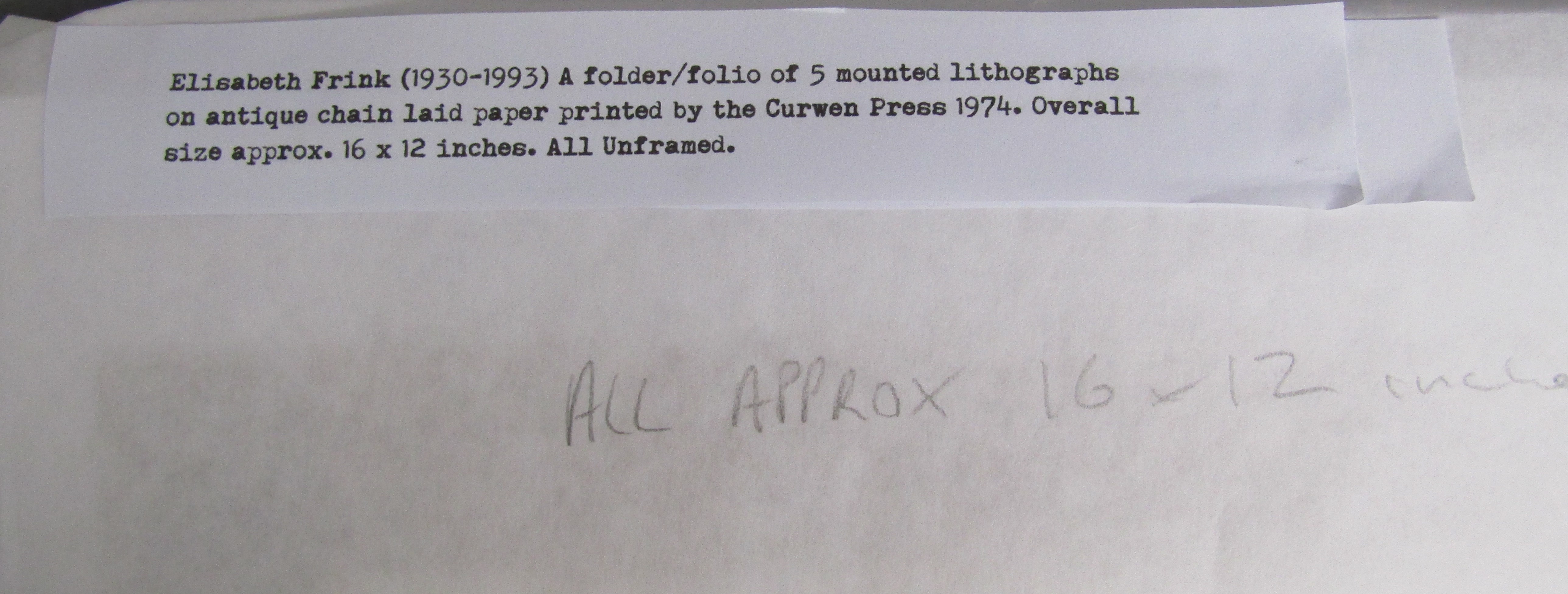 Mounted Elisabeth Frink folio of 5 lithographic on antique chain laid paper printed by the Curwen - Image 6 of 6