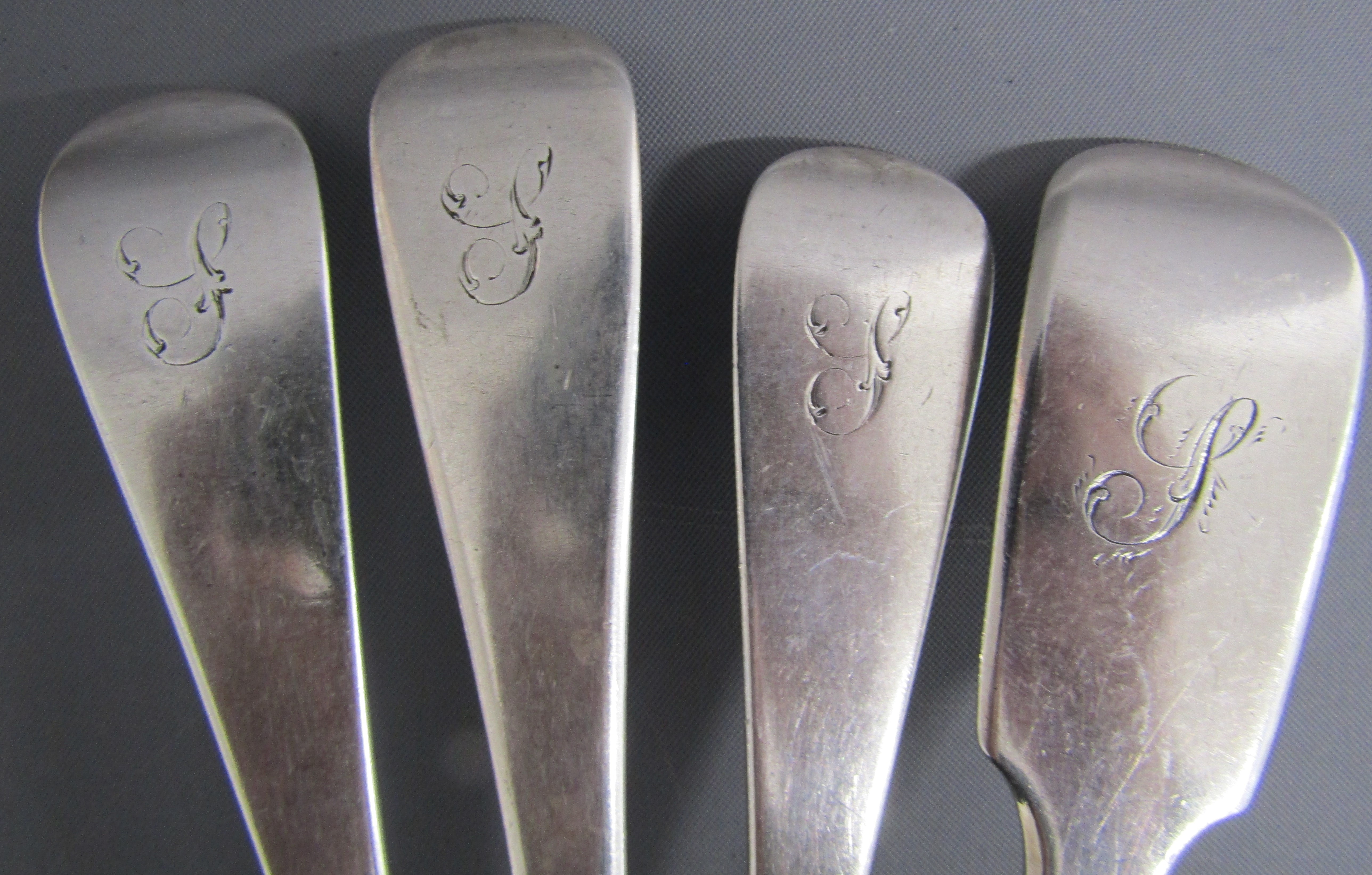 4 silver serving spoons monogrammed with 'S' - possibly Solomon Houghman London 1815 - possibly - Image 3 of 4