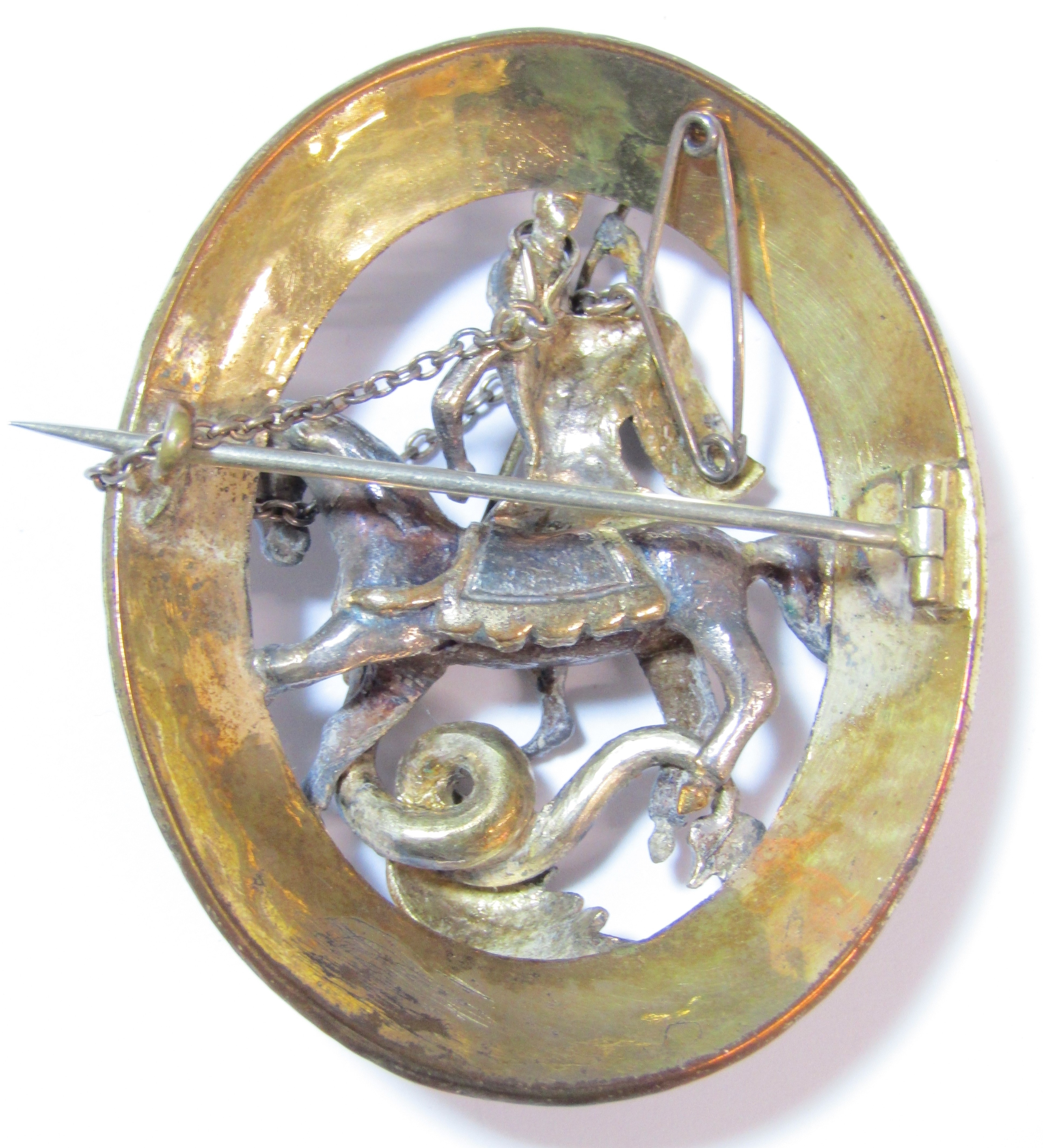 St George and the Dragon oval brooch with intricate detail edging set with glass stones (missing - Image 4 of 4