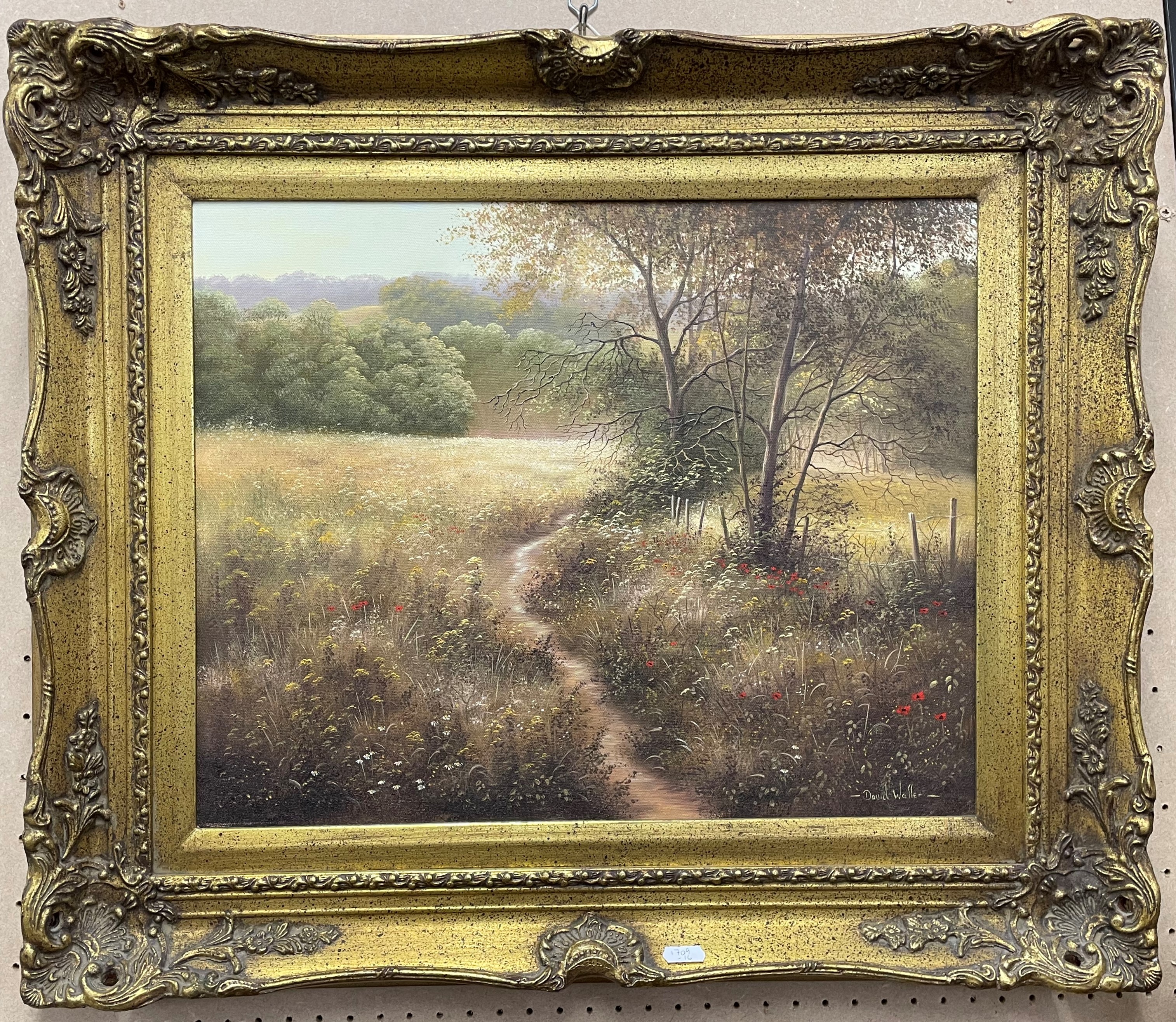 David Waller oil on canvas landscape with a path in the foreground leading to a wood in an ornate - Image 2 of 2