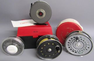 3 fishing reels - Hardy St Aidan 3.75" silver spool perforated 7/8", left and right hand cast,