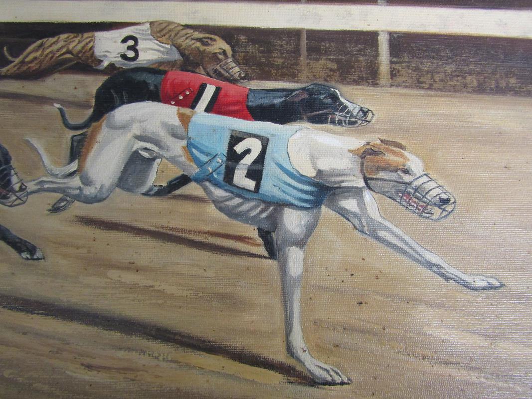 Framed W Hobson oil on canvas depicting greyhound racing, approx. 62.5cm x 52.5cm and 2 gilt - Image 6 of 7