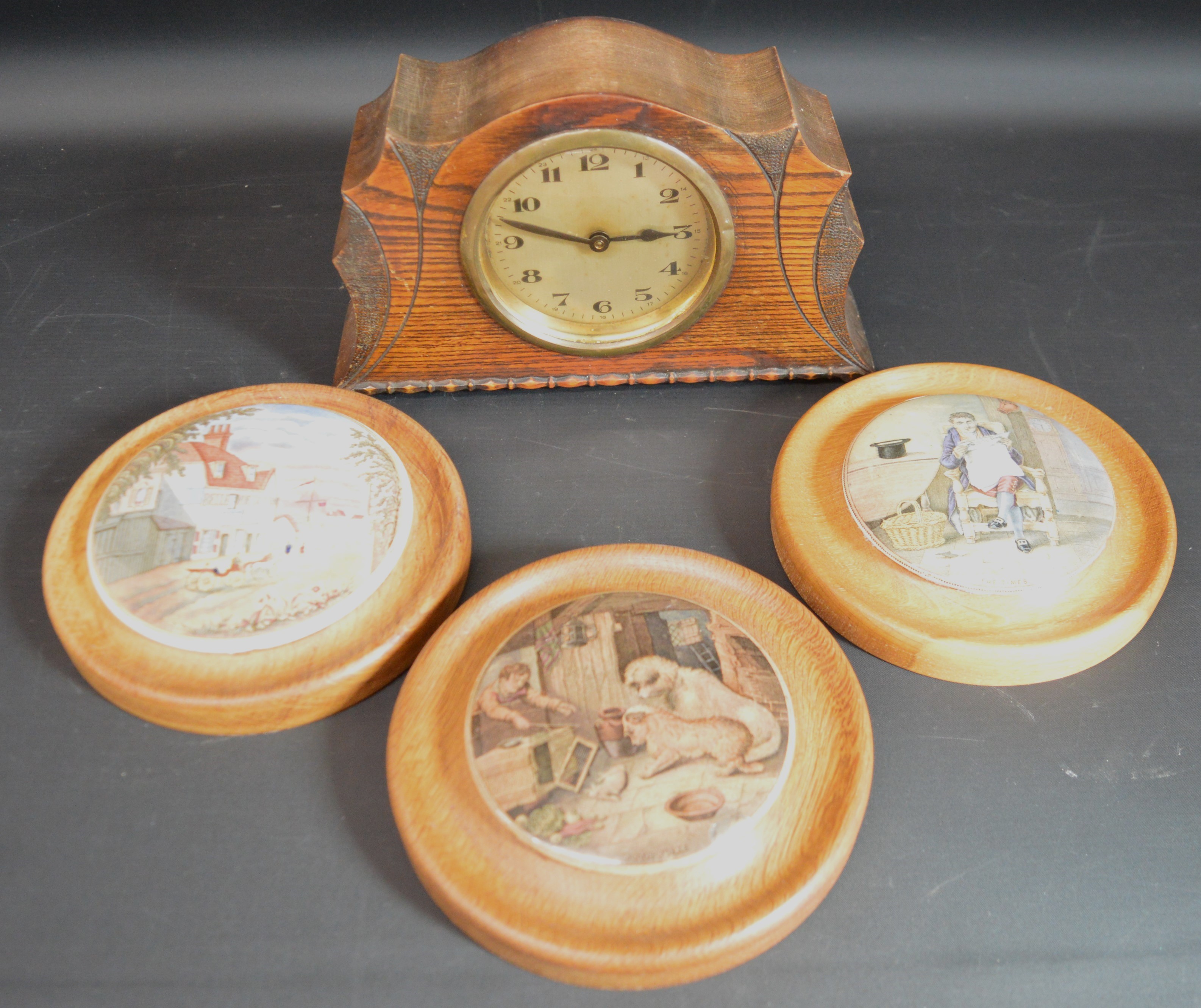 Oak cased time piece & 3 framed pot lids
