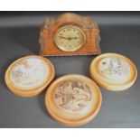 Oak cased time piece & 3 framed pot lids