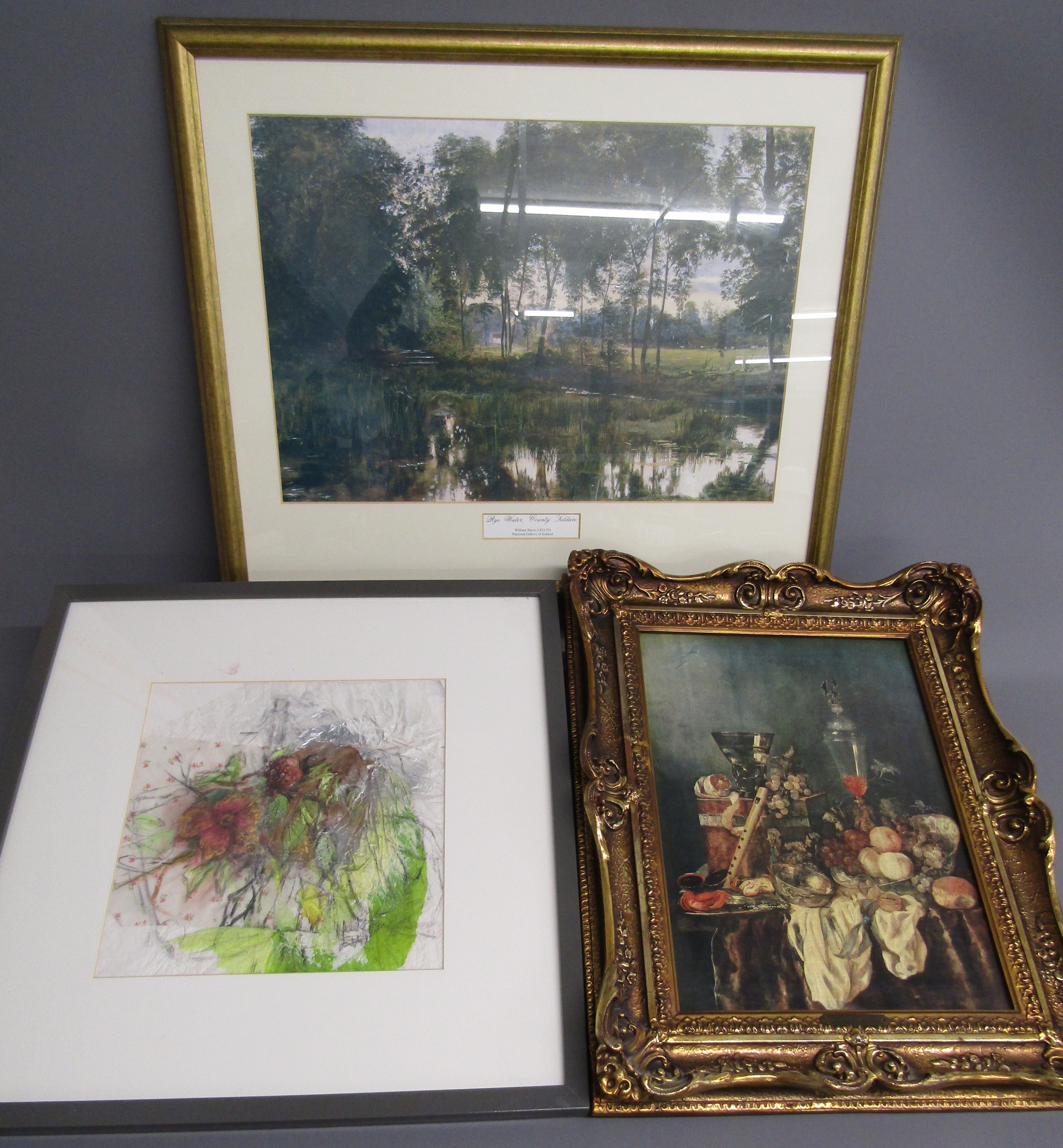 3 framed pictures - signed modern art, gilt framed print and Rye Water, County Kildare, William