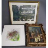 3 framed pictures - signed modern art, gilt framed print and Rye Water, County Kildare, William