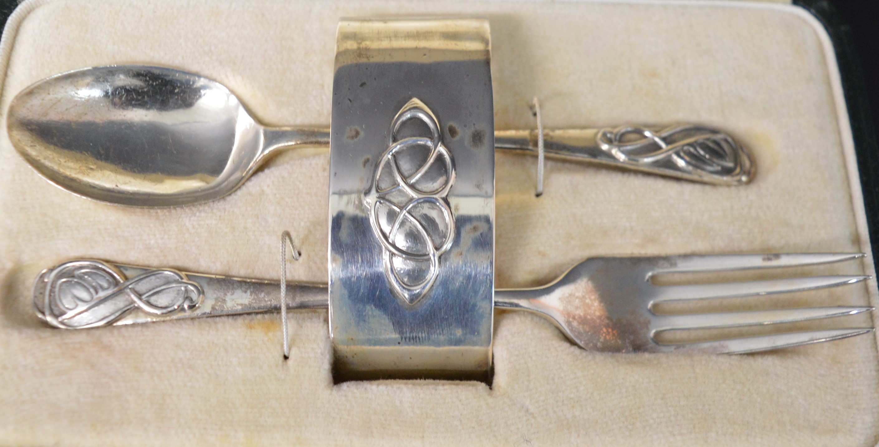 Liberty of London child's cased christening set comprising fork, spoon & napkin ring with Art - Image 2 of 3