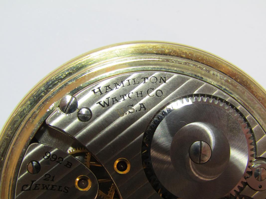 Hamilton Railway special 992B pocket watch - 21 jewels - Montgomery dial - pearl face - 10K gold - Image 8 of 10