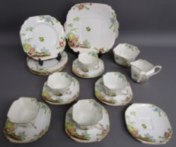 Victoria C & E bone China teacups, saucers, cake plates, side plates (one repaired), sugar bowl