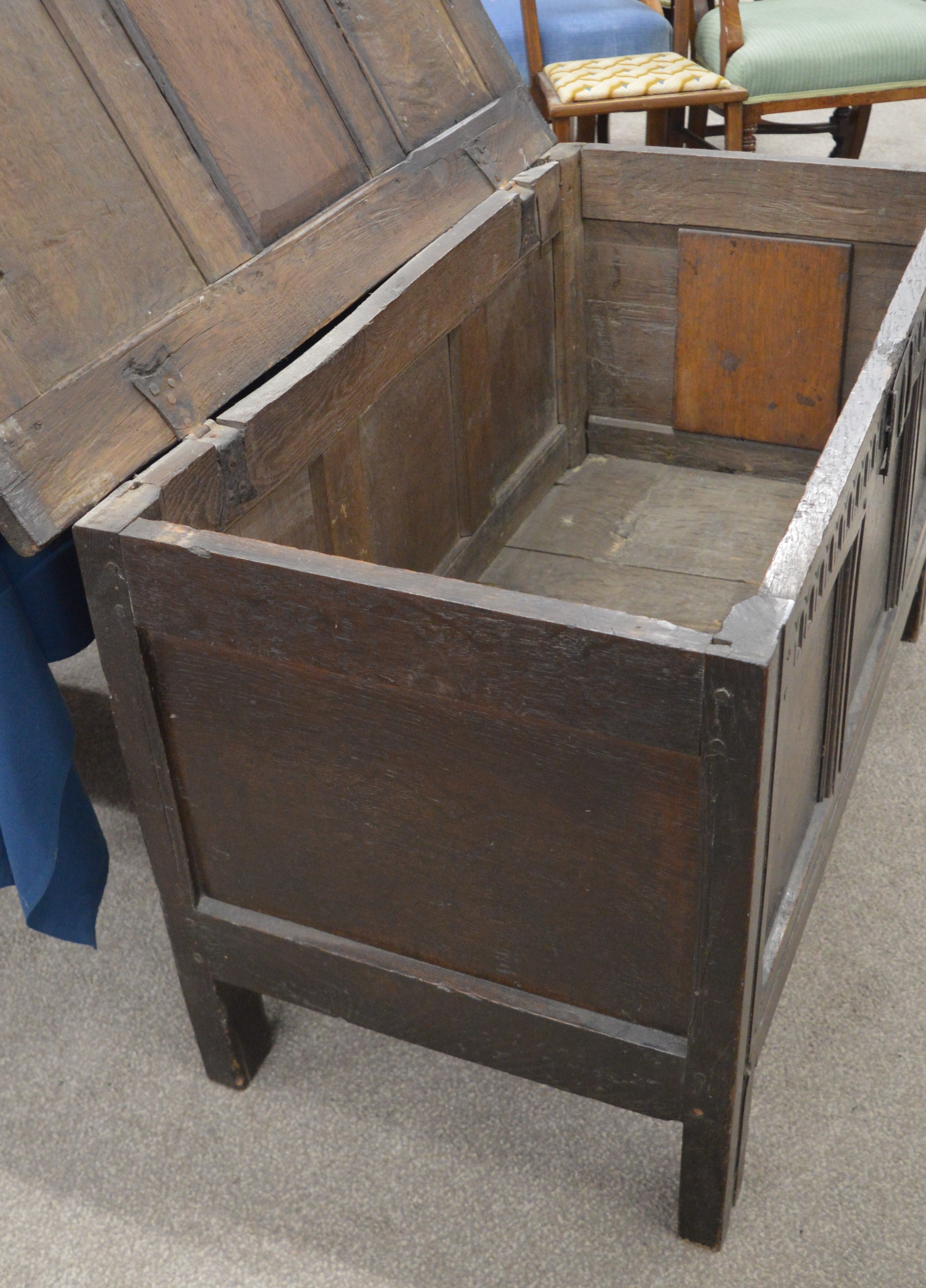 Georgian panelled oak coffer on stile legs 108cm W 52cm D 63cm H - Image 4 of 6