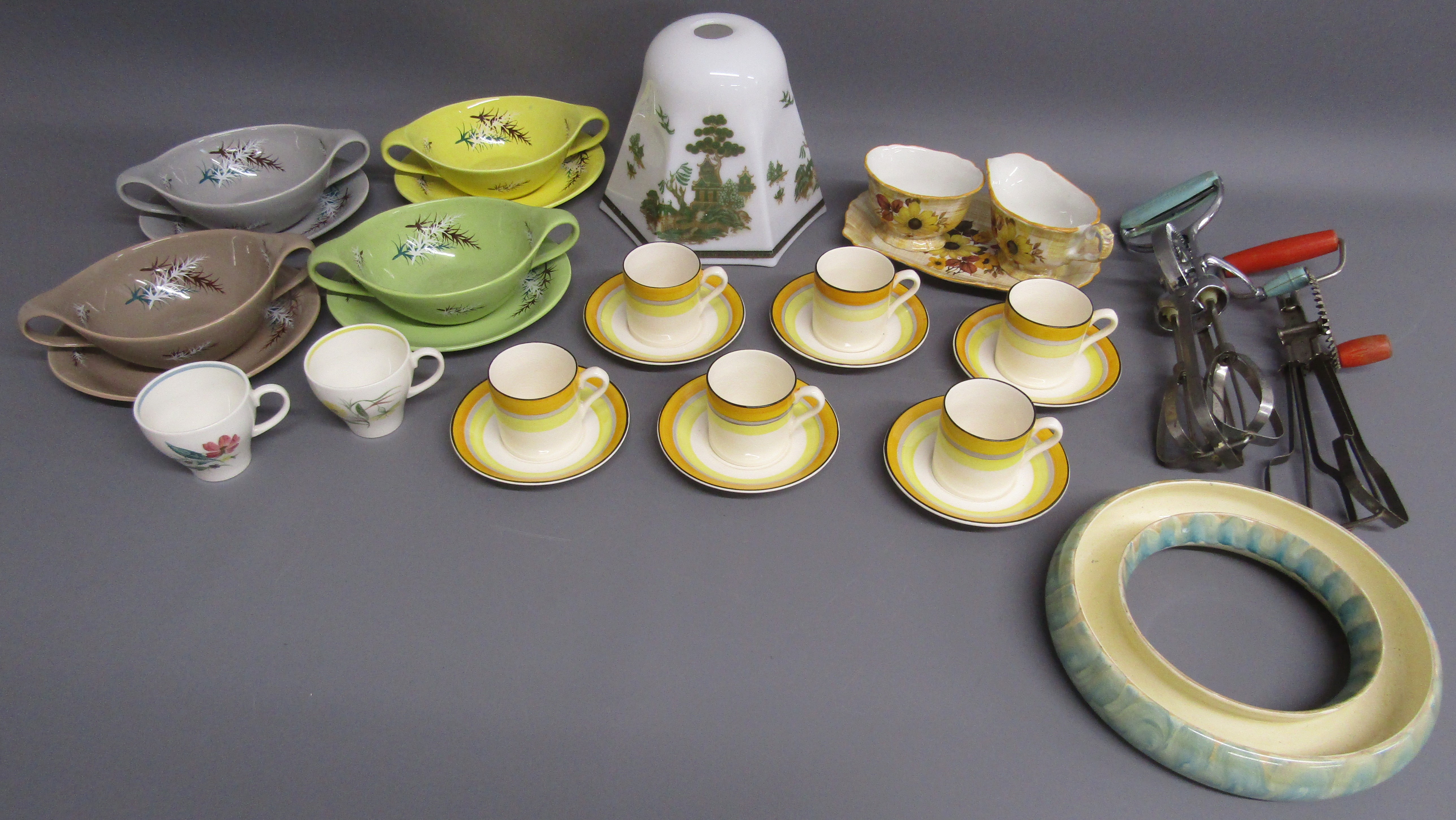 Old Foley Oregon Pine soup bowls and saucers, Susie Cooper hand painted cups, Gray's Pottery