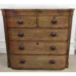 Victorian bow fronted chest of drawers with barley twist quarter columns. Missing legs.