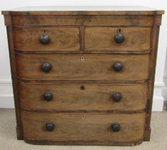 Victorian bow fronted chest of drawers with barley twist quarter columns. Missing legs.