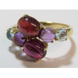 9ct gold ring set with 6 semi precious stones - ring size P - total weight 3.3g