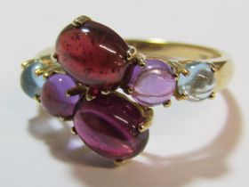 9ct gold ring set with 6 semi precious stones - ring size P - total weight 3.3g