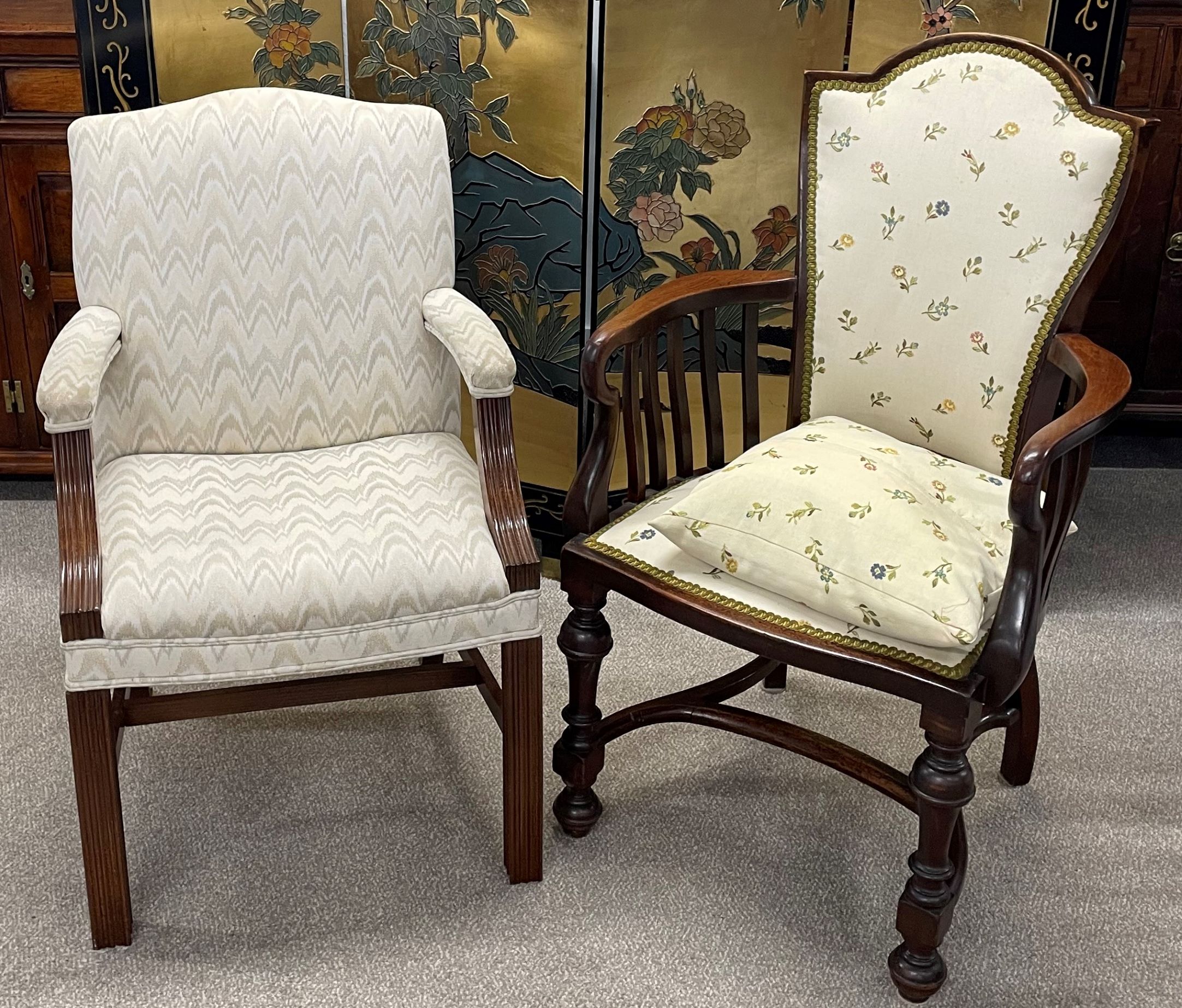 Reproduction Georgian armchair & an Edwardian armchair on turned Jacobean style legs