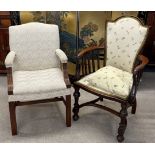 Reproduction Georgian armchair & an Edwardian armchair on turned Jacobean style legs