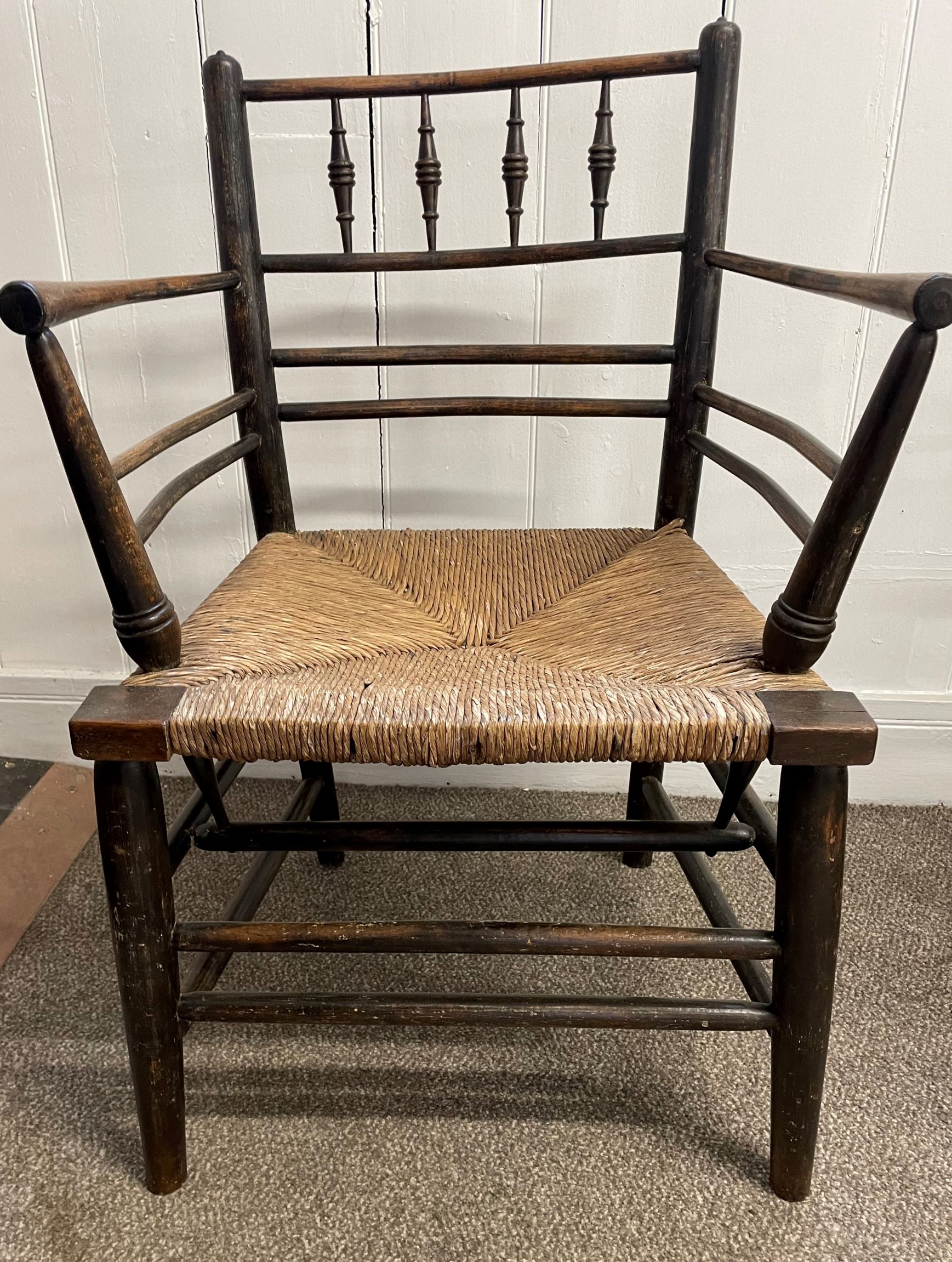 Pair of 19th century William Morris Sussex Carver chairs in ebonised beech & elm with rush seats. - Image 2 of 5