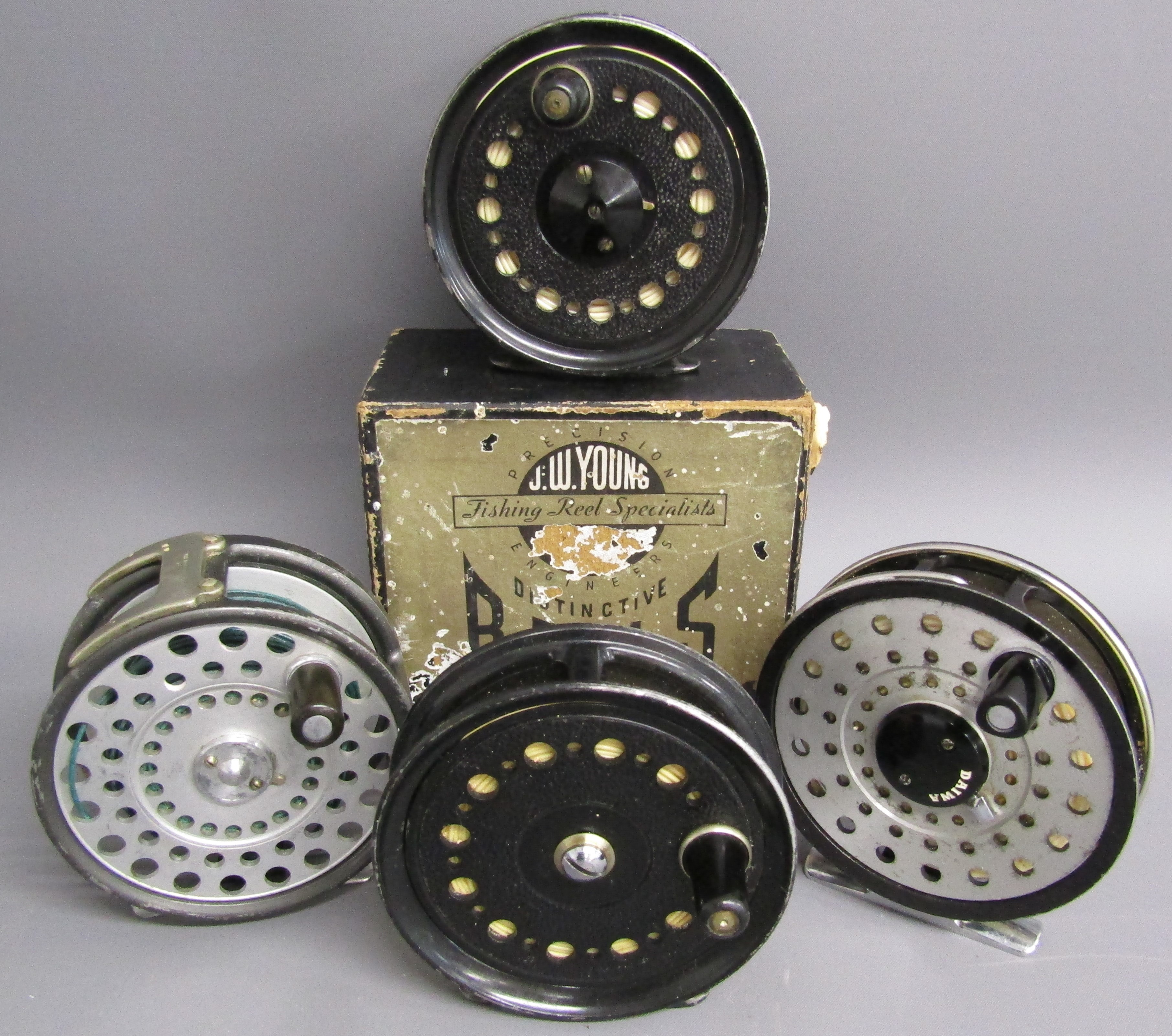 4 fishing reels - Hardy the Tenth 3 3/8" spool 1", nickel silver 2-screw line guide, left and