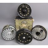 4 fishing reels - Hardy the Tenth 3 3/8" spool 1", nickel silver 2-screw line guide, left and
