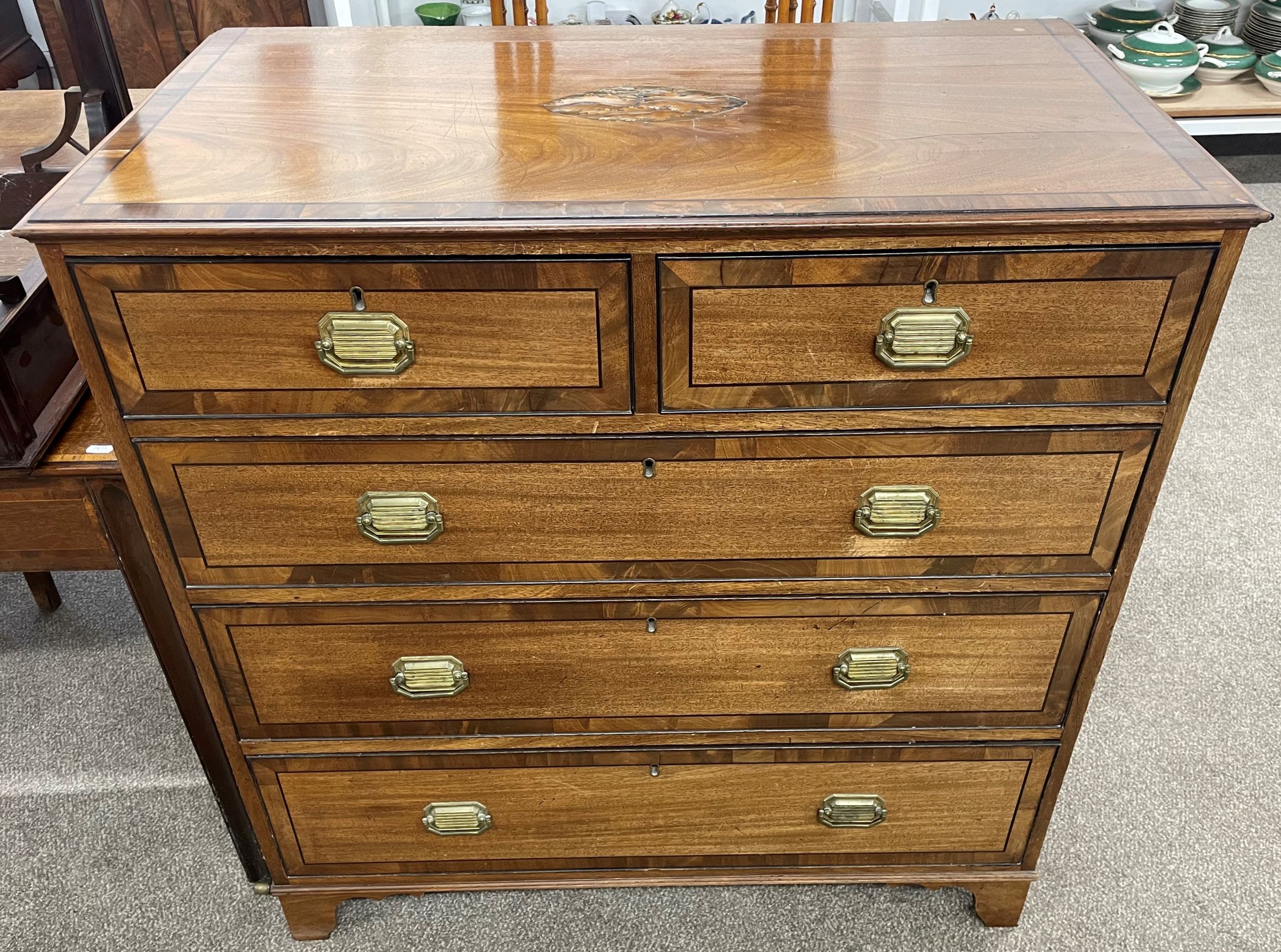 Georgian mahogany chest of drawers with ebony & walnut veneer on bracket feet Ht 100cm W 98cm D 55cm