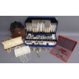 Cased cutlery set, Hudson Verity binoculars, nail set, costume jewellery and watches includes