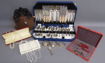 Cased cutlery set, Hudson Verity binoculars, nail set, costume jewellery and watches includes