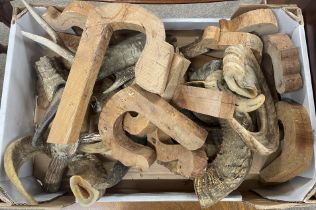 Box of rams horns & wooden shepherd stick crook blanks for carving
