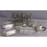 Collection of silver plate includes hors d'oeuvre tray with glass inserts, toast rack, teapot, tulip
