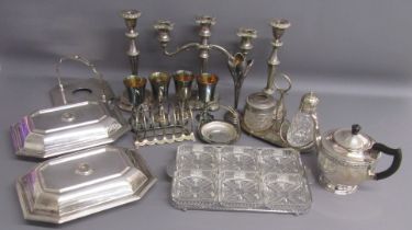 Collection of silver plate includes hors d'oeuvre tray with glass inserts, toast rack, teapot, tulip