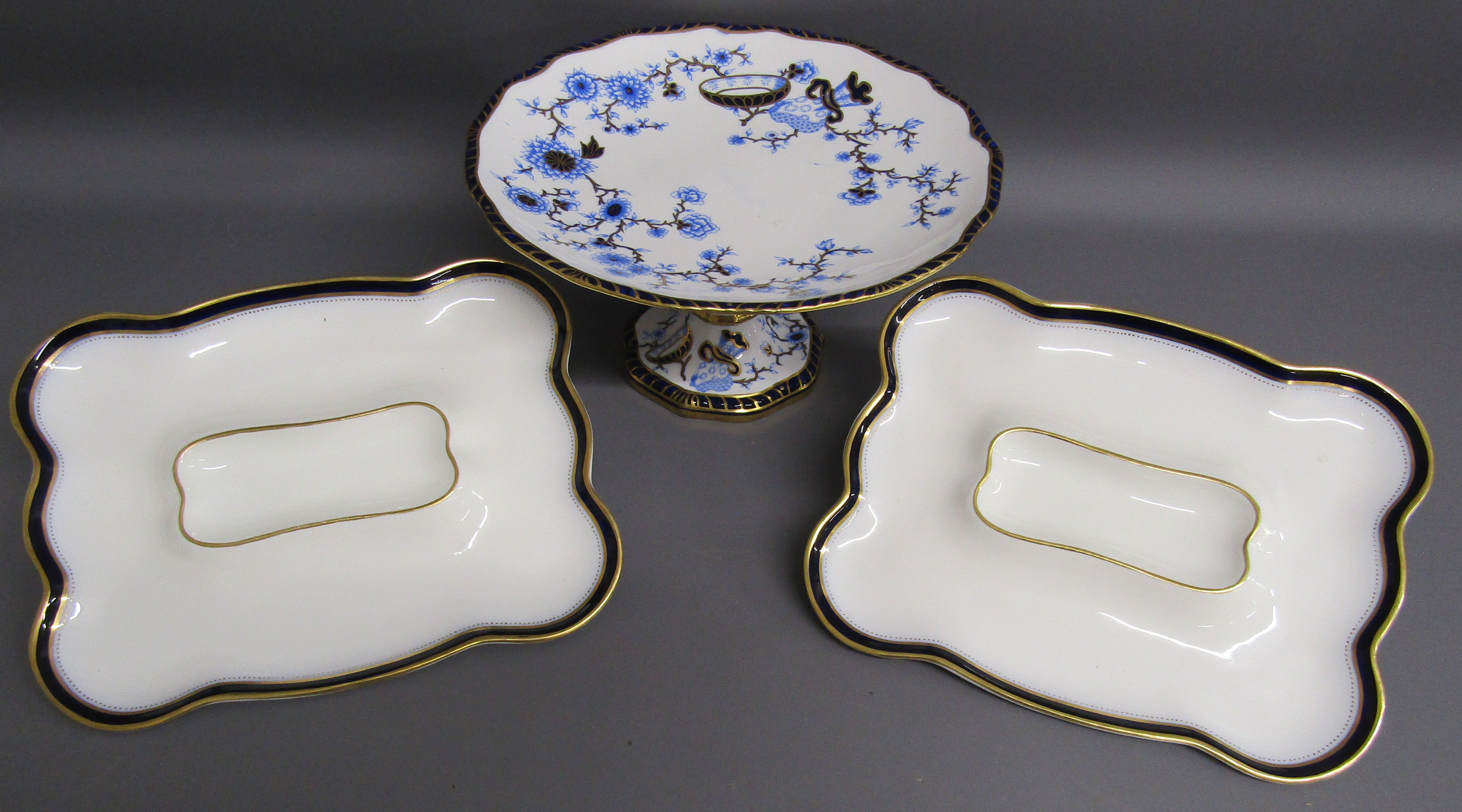 Royal Crown Derby tazza Rd No 56464 pattern No 2715? and 2 George Jones Crescent plates