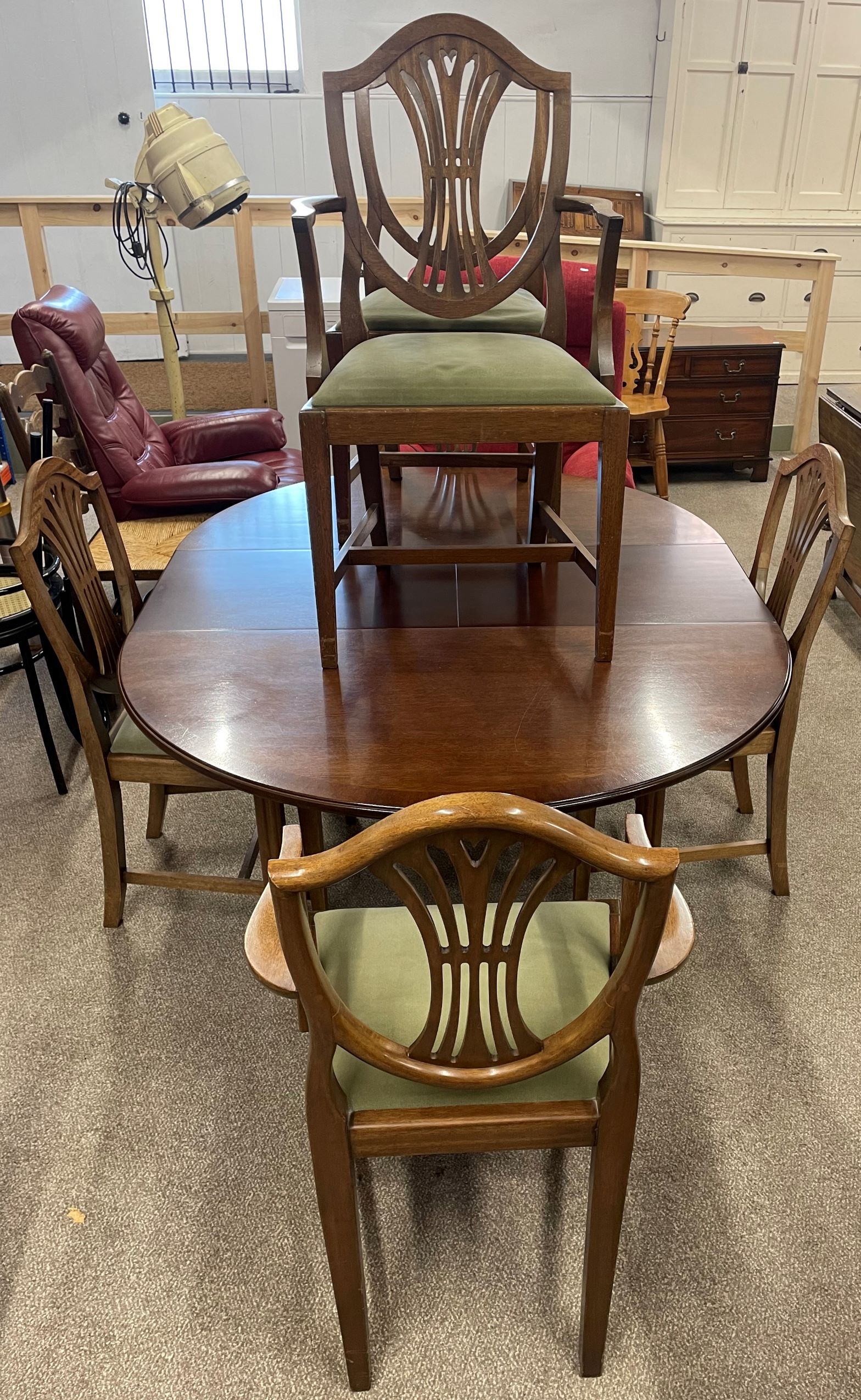 G Plan draw leaf table with 6 Hepplewhite style chairs