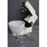 Kenwood Chef A701A mixer with balloon and K whisk attachments and white glass mixing bowl