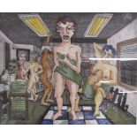 Framed Adair Peck 'Ladies Locker Room' limited edition hand painted etching 3/30 - approx. 63cm x