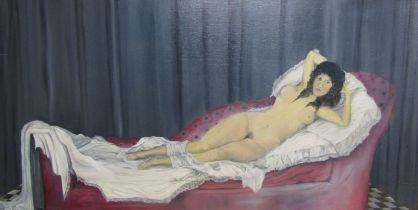 Framed J.A Chilvers oil on board of a lounging nude lady - written to rear 'To Frank June 1987' -
