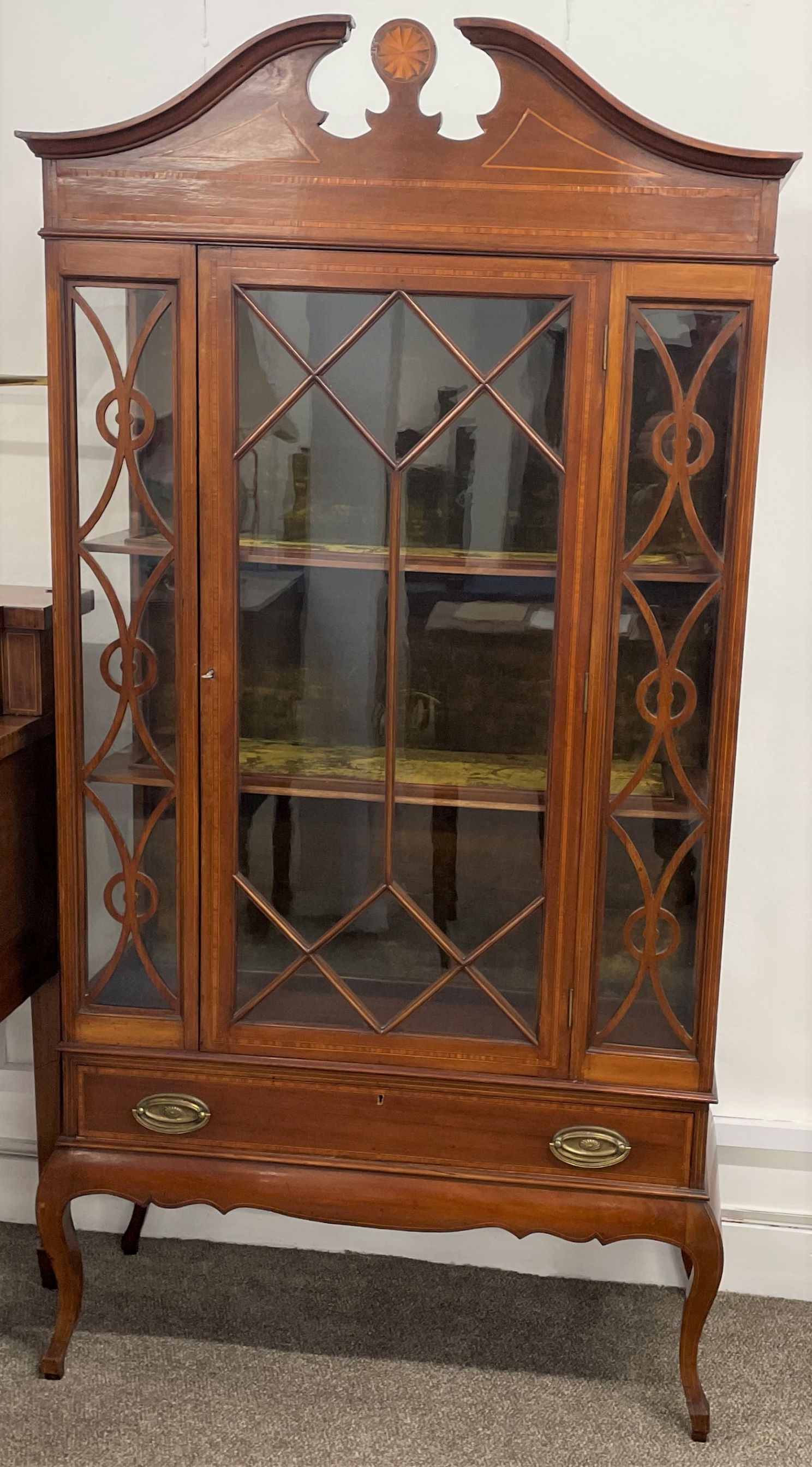 Later Victorian/Edwardian display cabinet on cabriole legs Ht 85cm W 97cm D 38cm