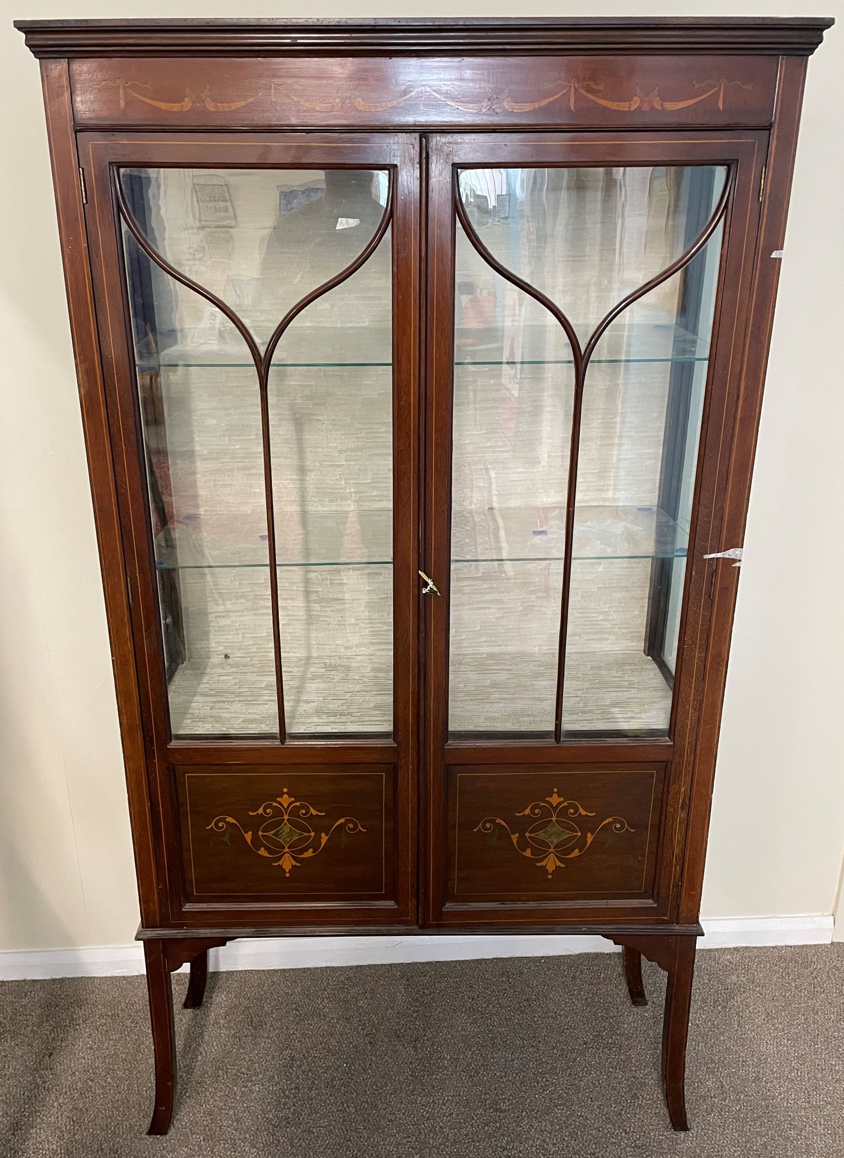 Edwardian display cabinet with painted & inlayed decoration 90cm by 32cm Ht167cm