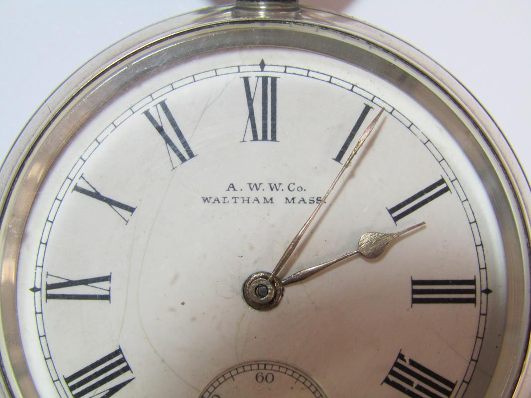 Silver A.W.W & Co Waltham Mass top wind pocket watch stamp to crown and ring (currently working) - Image 2 of 9