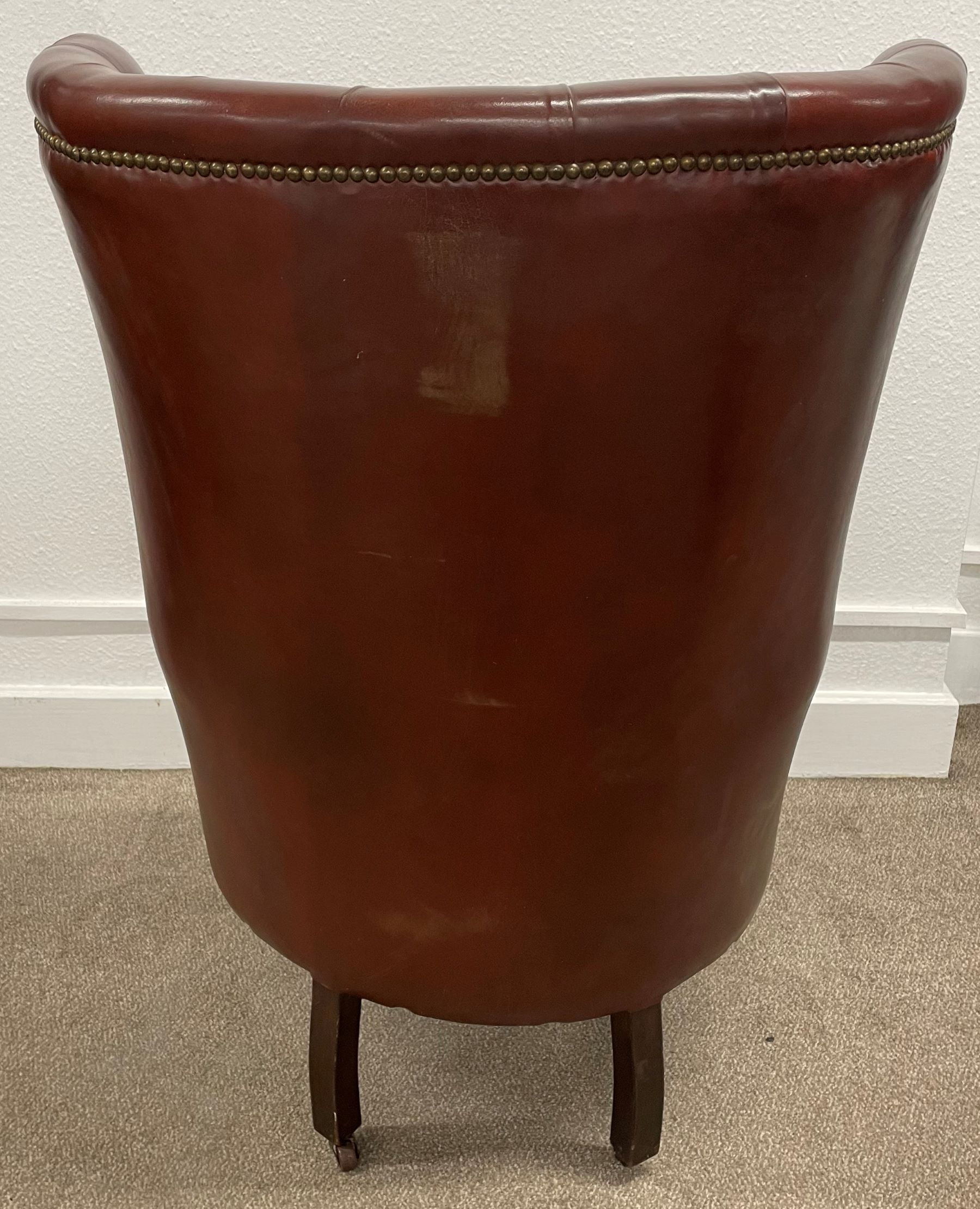 Possibly late 19th century leather button back barrel armchair on turned legs - Image 3 of 6