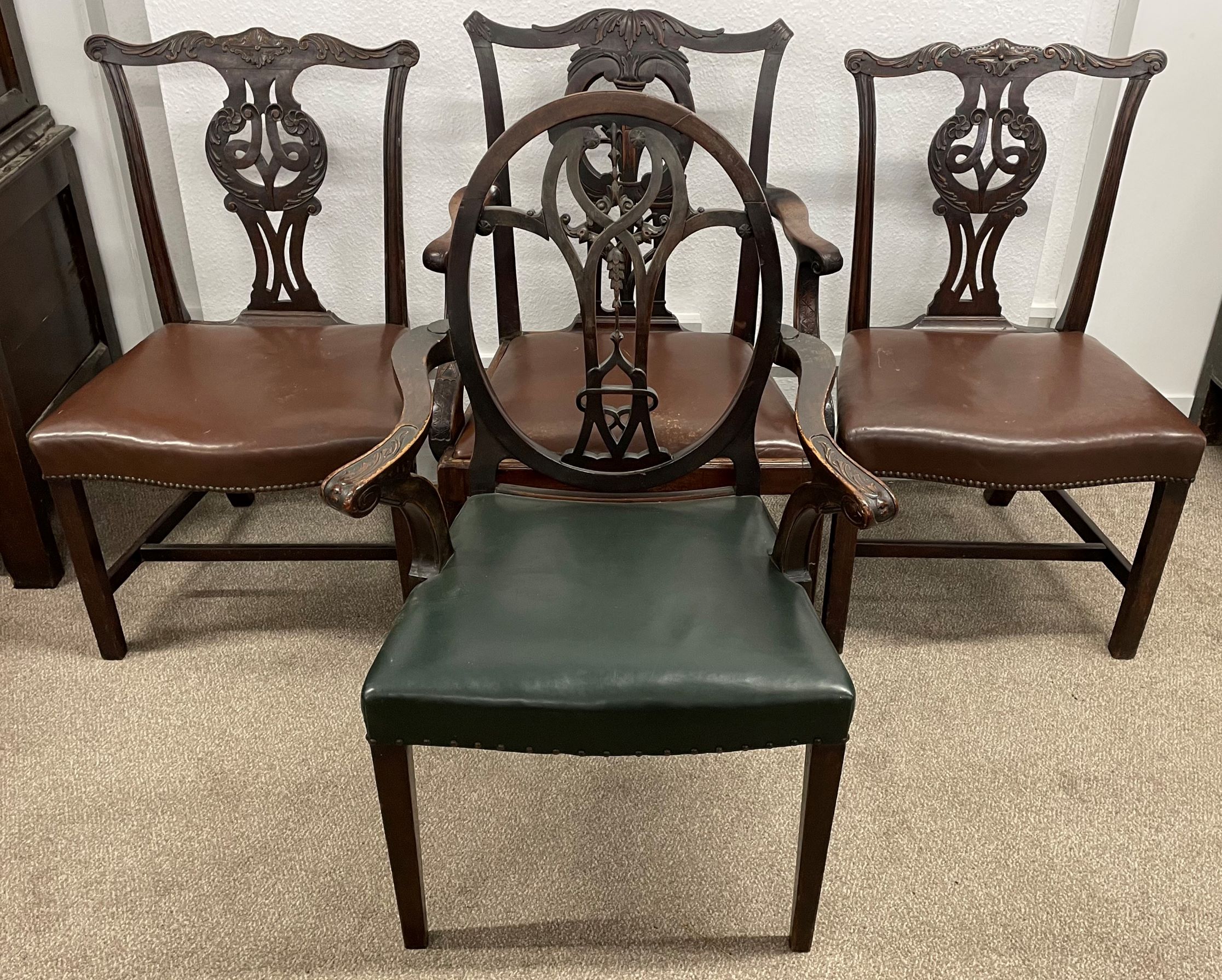 Deeply carved Chippendale style carver dining chairs, pair of similar dining chairs & a balloon back