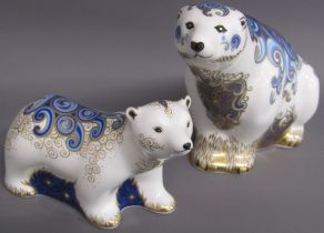 Royal Crown Derby Polar bear & polar bear cub standing paperweights - both with gold stoppers