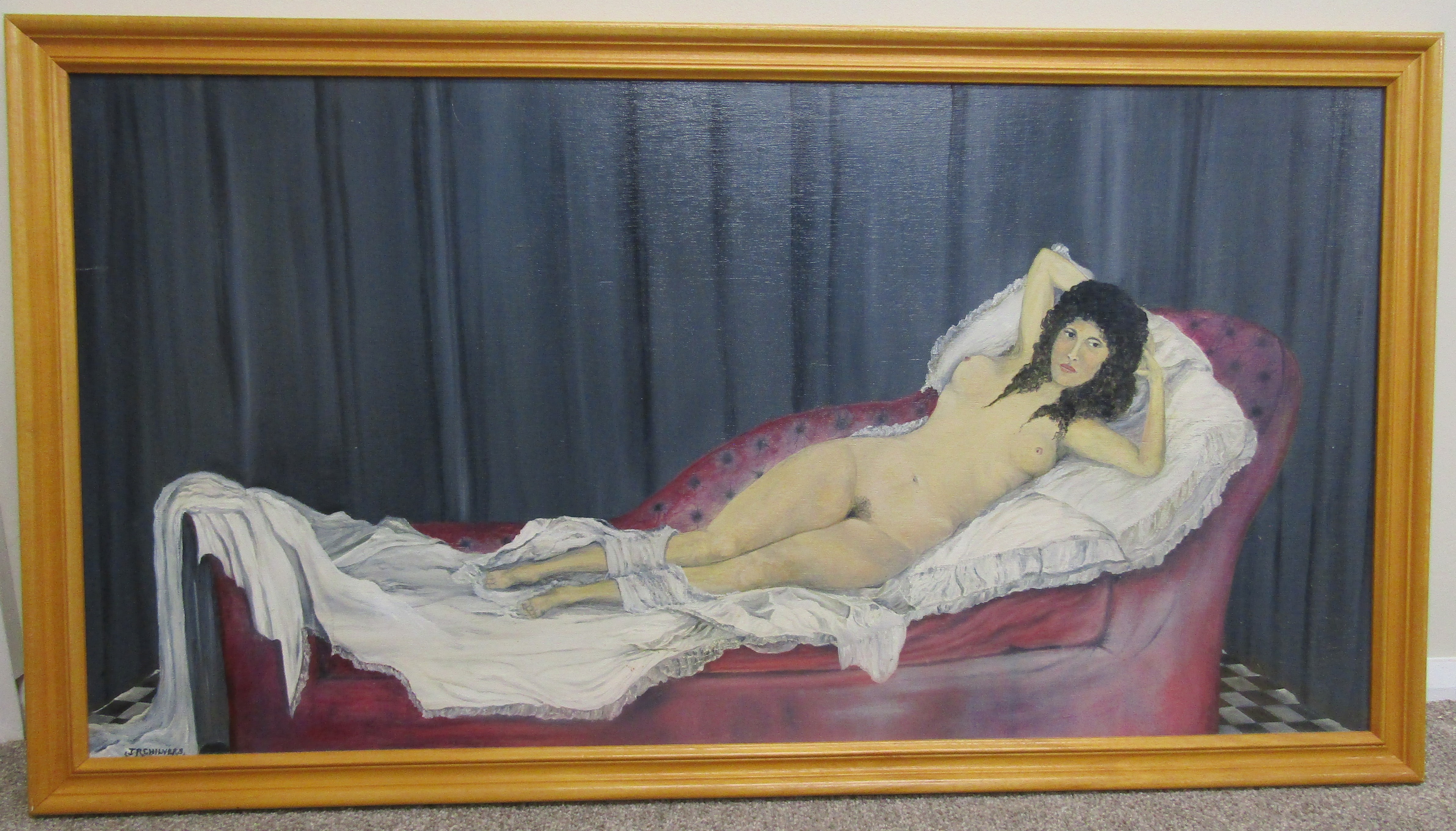 Framed J.A Chilvers oil on board of a lounging nude lady - written to rear 'To Frank June 1987' - - Bild 2 aus 5