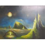 James Taylor unframed oil on board of a space scene with spaceship - approx 73cm x 56cm